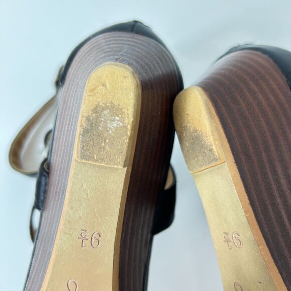 Liendo Anthropologie Black Leather Buckle Ankle Strap Low Wedge Sandals Size 9.5 - Picture 9 of 10